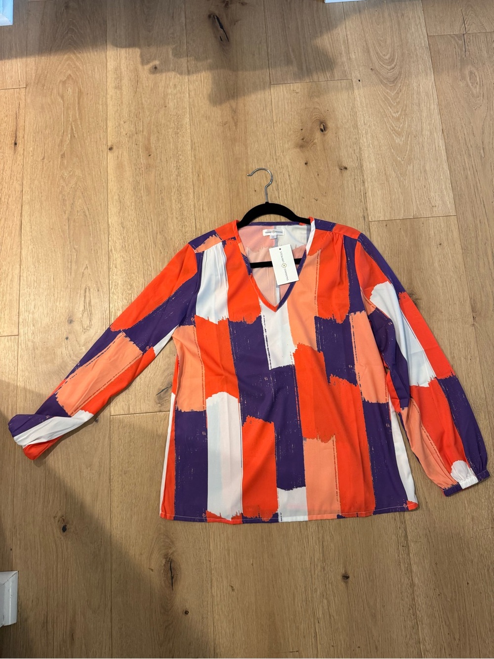Stewart Simmons Colorblock Abstract V-Neck Blouse - Orange / Purple
